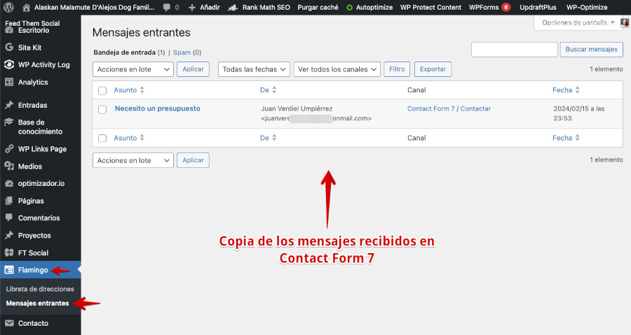 Copia de los mensajes recibidos desde Contact Form 7 en Flamingo