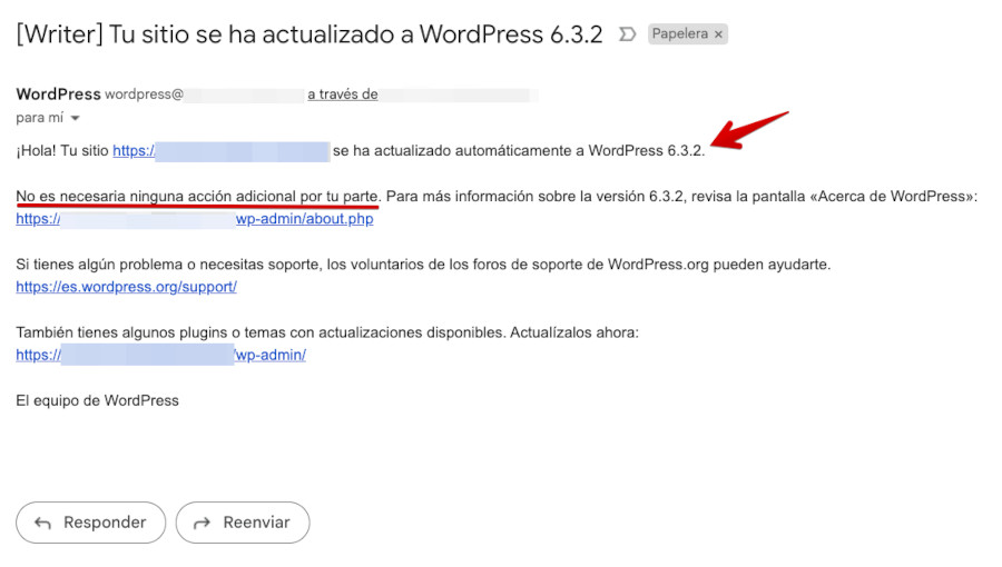 Ejemplo de correo electrónico recibido tras actualizarse WordPress