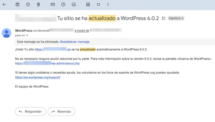Ejemplo de correo electrónico recibido tras actualizarse WordPress