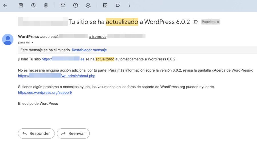 correo-tu-sitio-actualizado-wordpress Ejemplo de correo electrónico recibido tras actualizarse WordPress