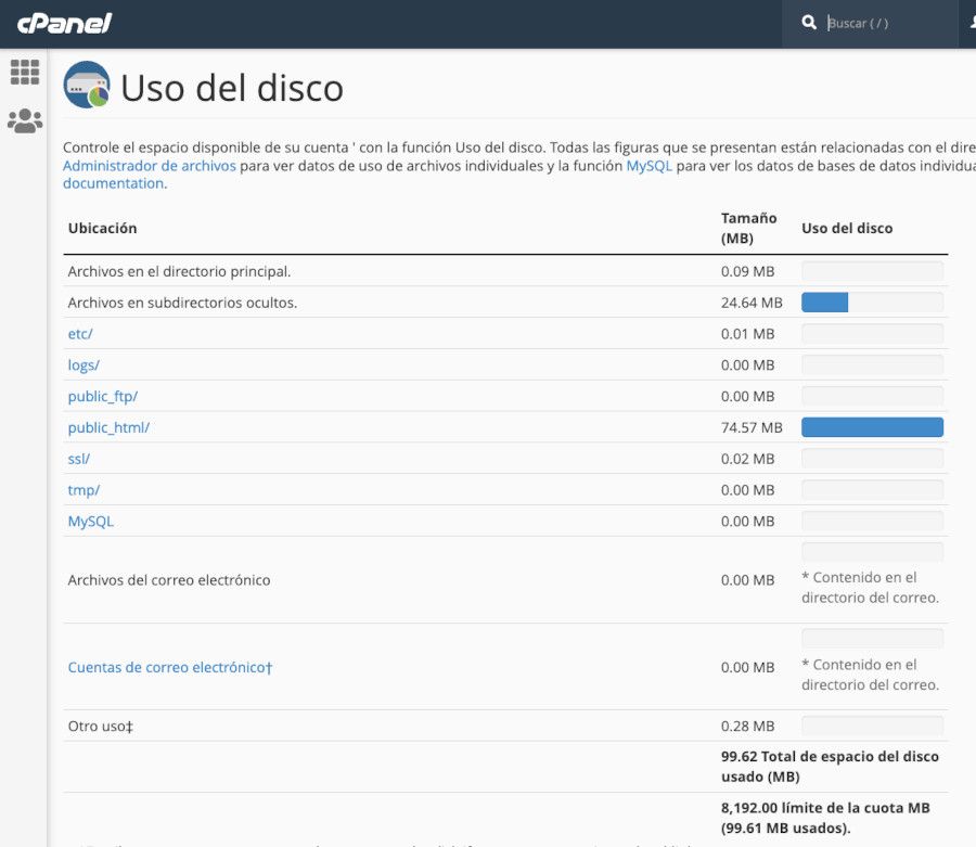 cPanel - Administrador de archivos - Uso de disco