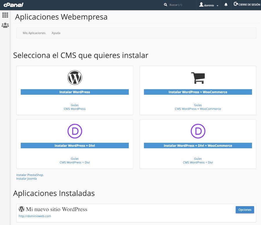 cPanel - Aplicaciones Webempresa - Inicio