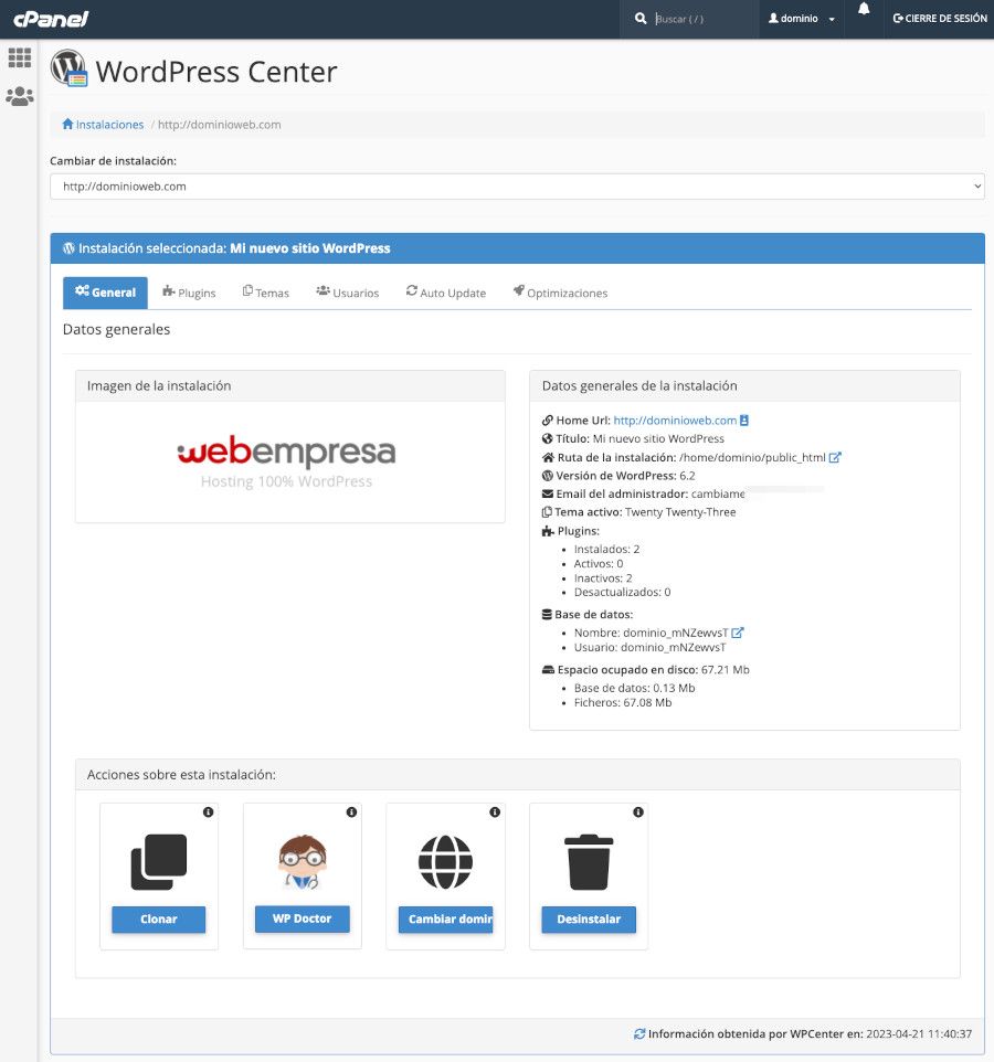 cPanel - Aplicaciones Webempresa - WpCenter