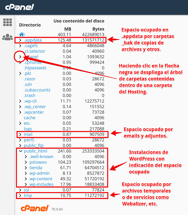 cPanel - Archivos - Uso de Disco