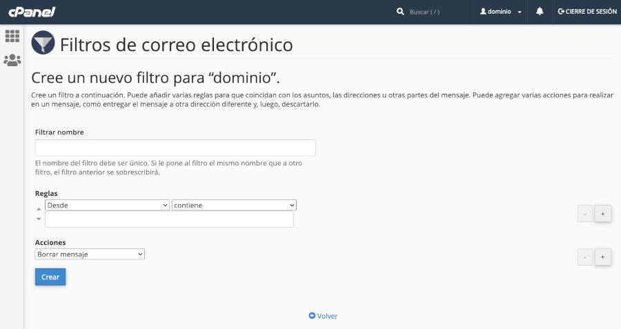 cPanel - Correo Electrónico - Filtros de correo electronico