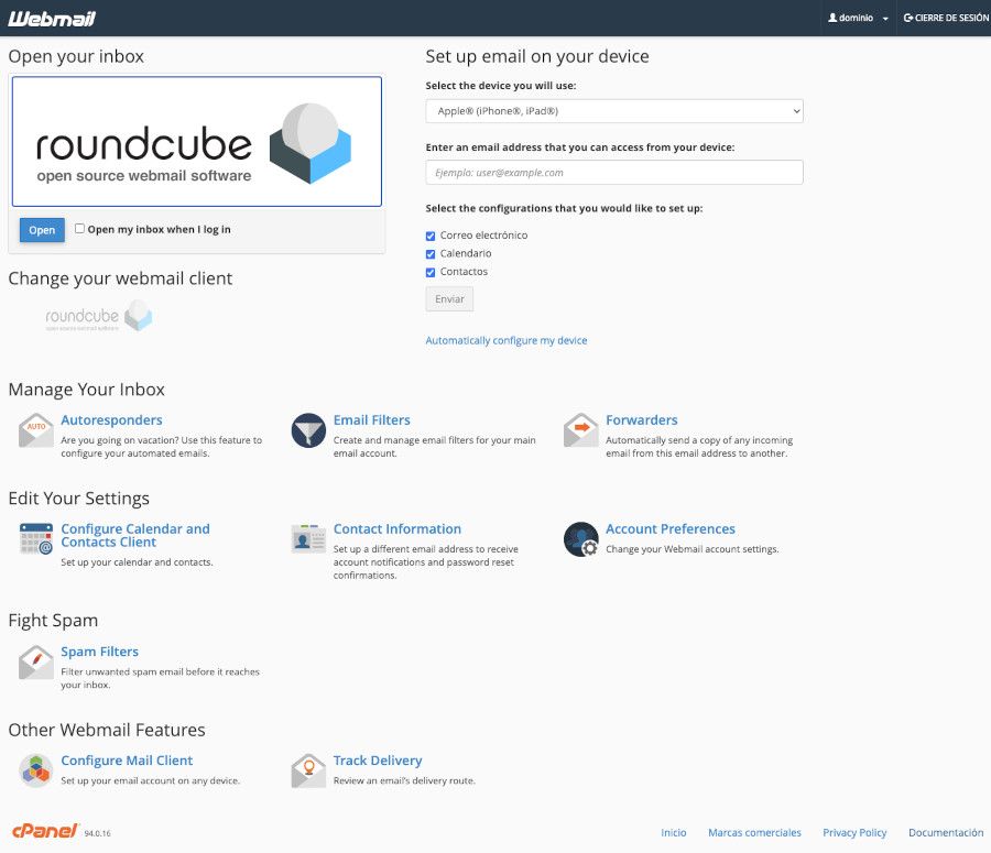 cPanel - Correo Electrónico Webmail - RoundCube