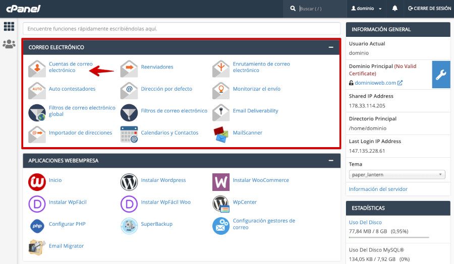 cPanel - Cuentas de correo electrónico
