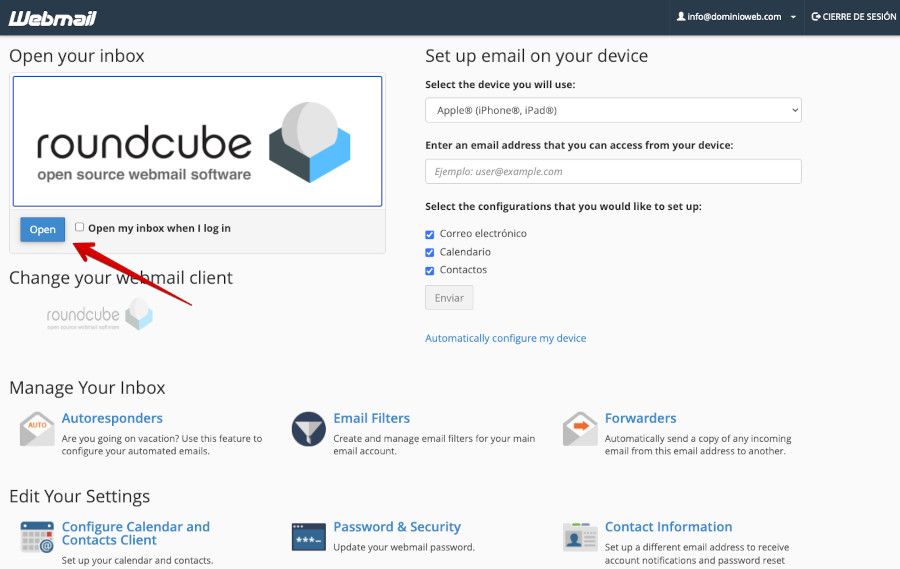 cPanel - Cuentas de correo electrónico - Open Roundcube