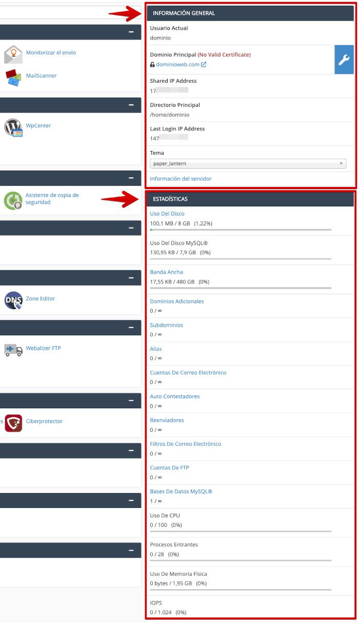 cPanel - Información general y estadísticas