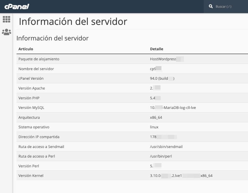cPanel - Información general del servidor
