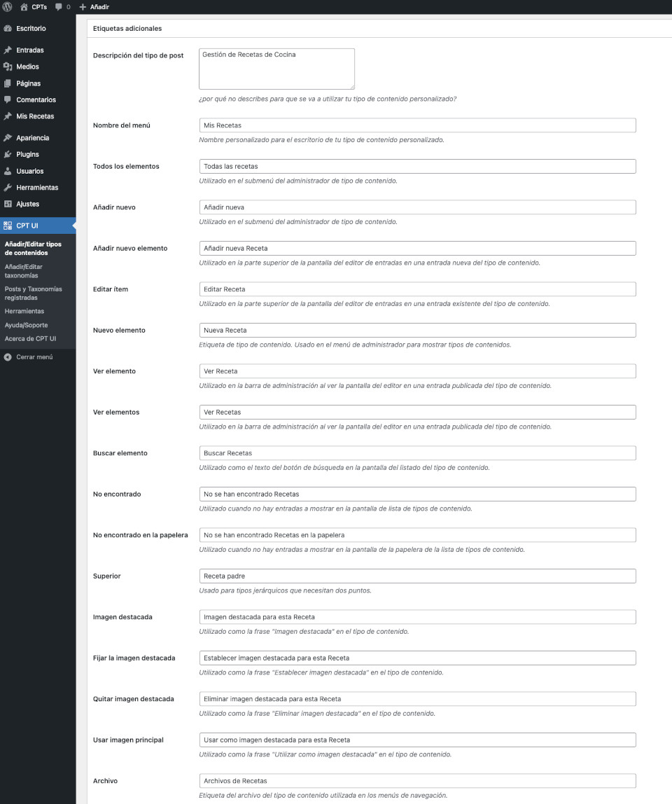 Configuración textos CPT