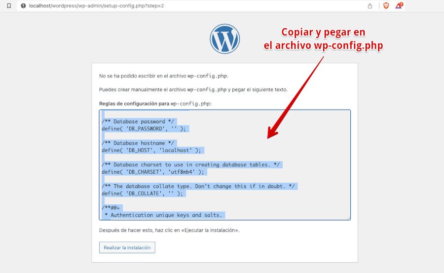 Crear el archivo wp-config.php para añadir los datos de la base de datos