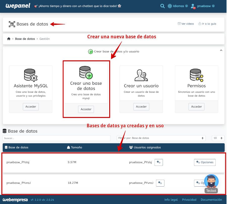 Crear bases de datos en WePanel