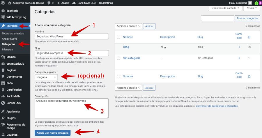 Creación de una Categoría en WordPress