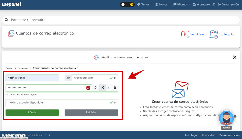 Crear cuenta de correo desde wePanel