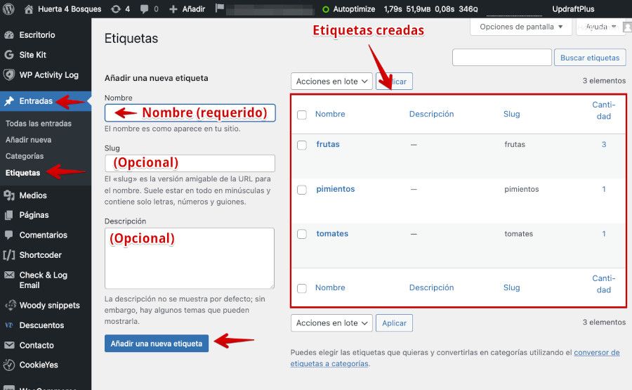 Crear nuevas etiquetas en WordPress