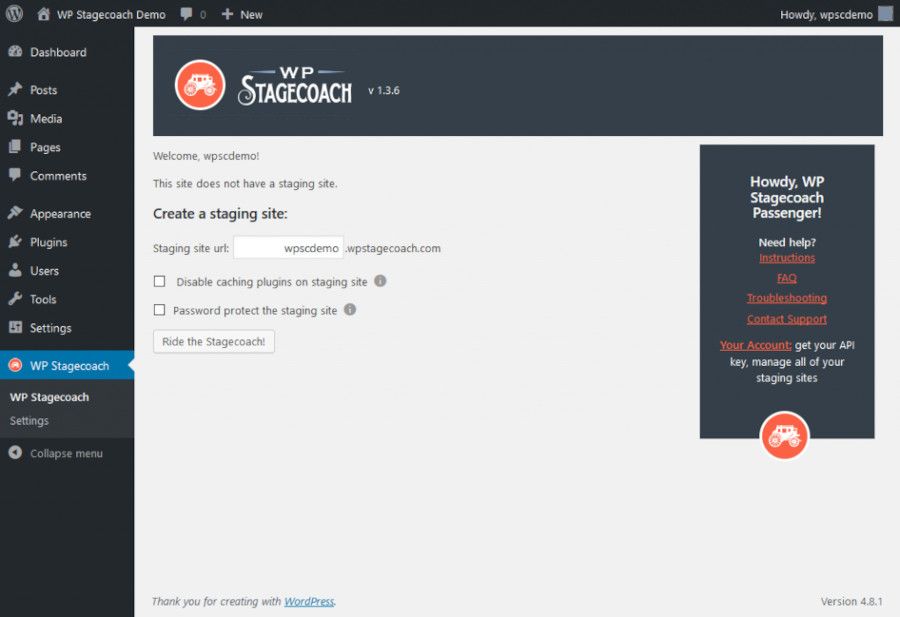 Crear sitio de pruebas con WP Stagecoach