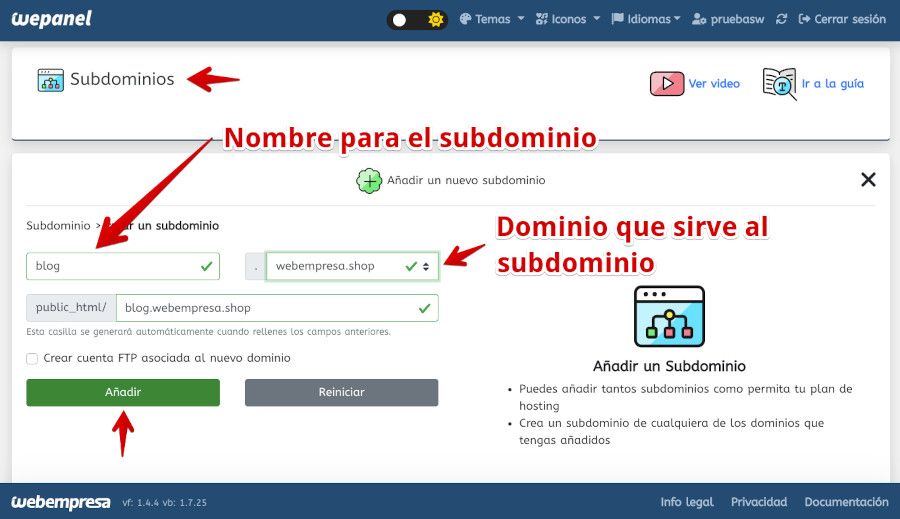 Crear subdominio desde el panel de Hosting wePanel