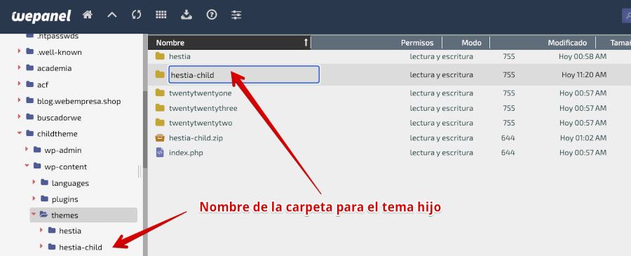 Nombre de la carpeta del tema hijo