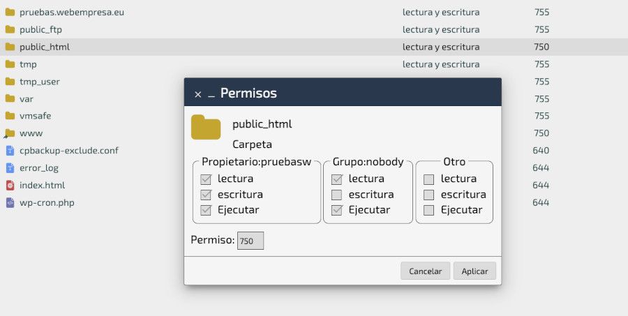 Cuadro de diálogo de gestión de permisos en WePanel