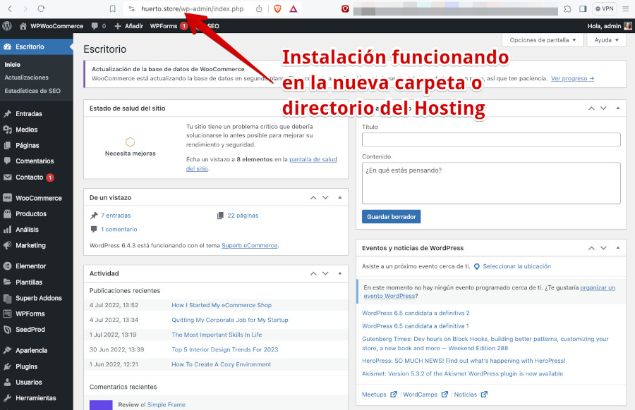 Dashboard de la instalación de WordPress movida