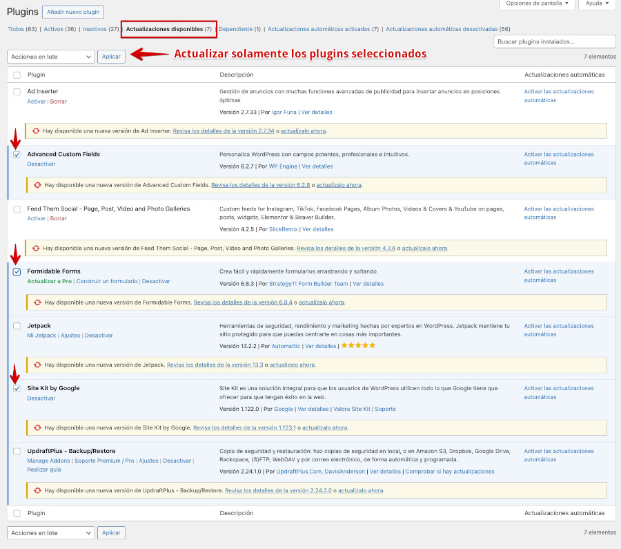 Plugins activos e inactivos pendientes de actualizar solo los seleccionados