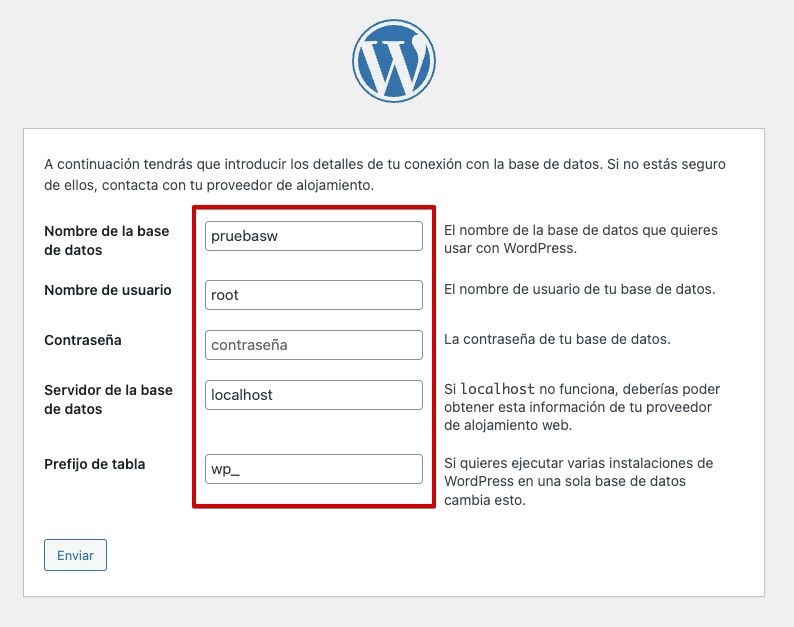 Datos de instalación de la base de datos en XAMPP