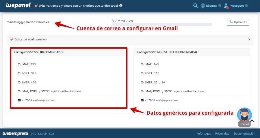 Datos genéricos para configurar cuenta de correo en Gmail
