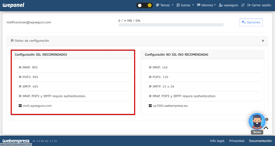 Datos de configuración de la cuenta de correo
