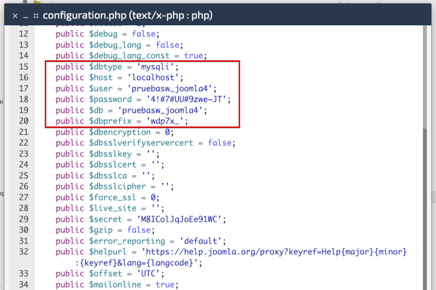 Datos base de datos en Joomla