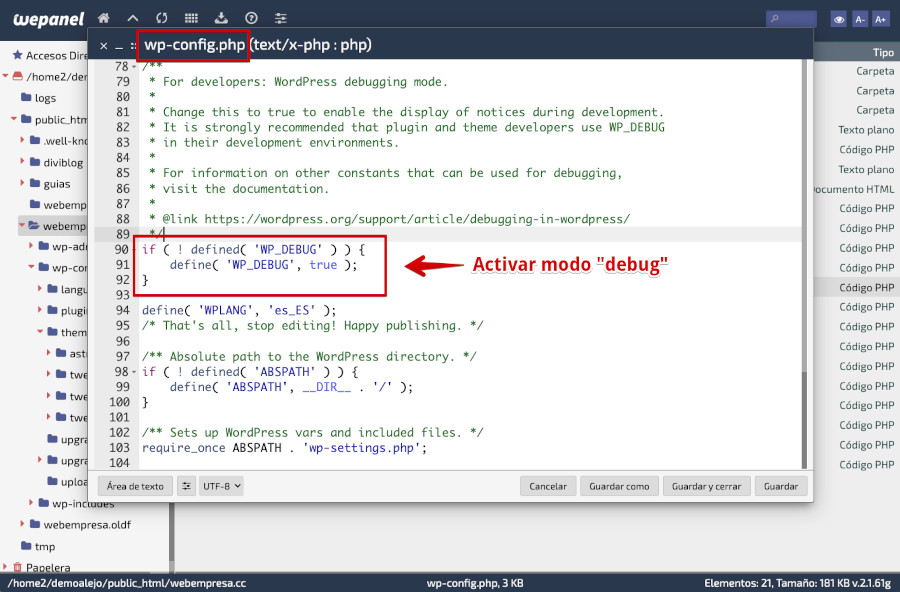 Definir el modo debug activo en wp-config.php