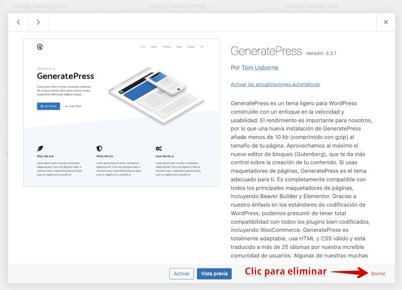 Borrar Tema WordPress