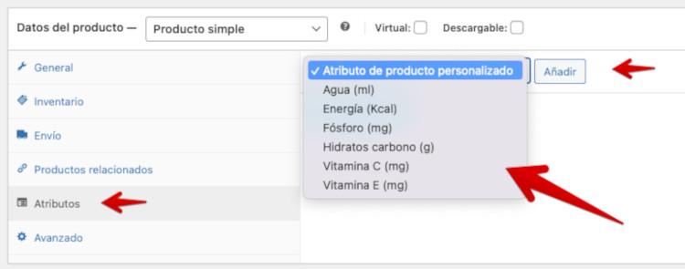 Lista desplegable de atributos de productos