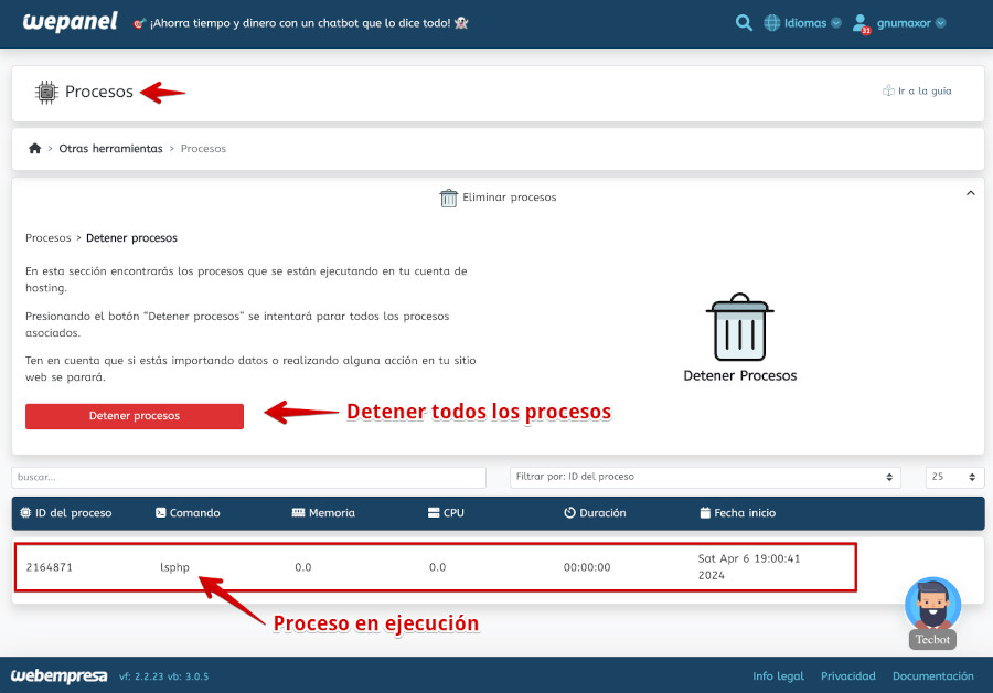 Detener procesos cuenta de Hosting en WePanel