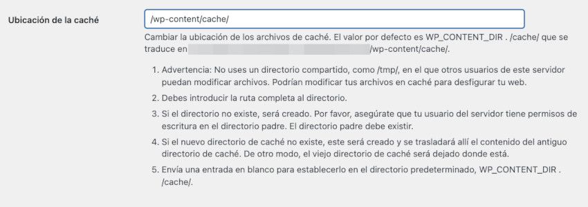 Directorio de almacenamiento de los archivos cacheados