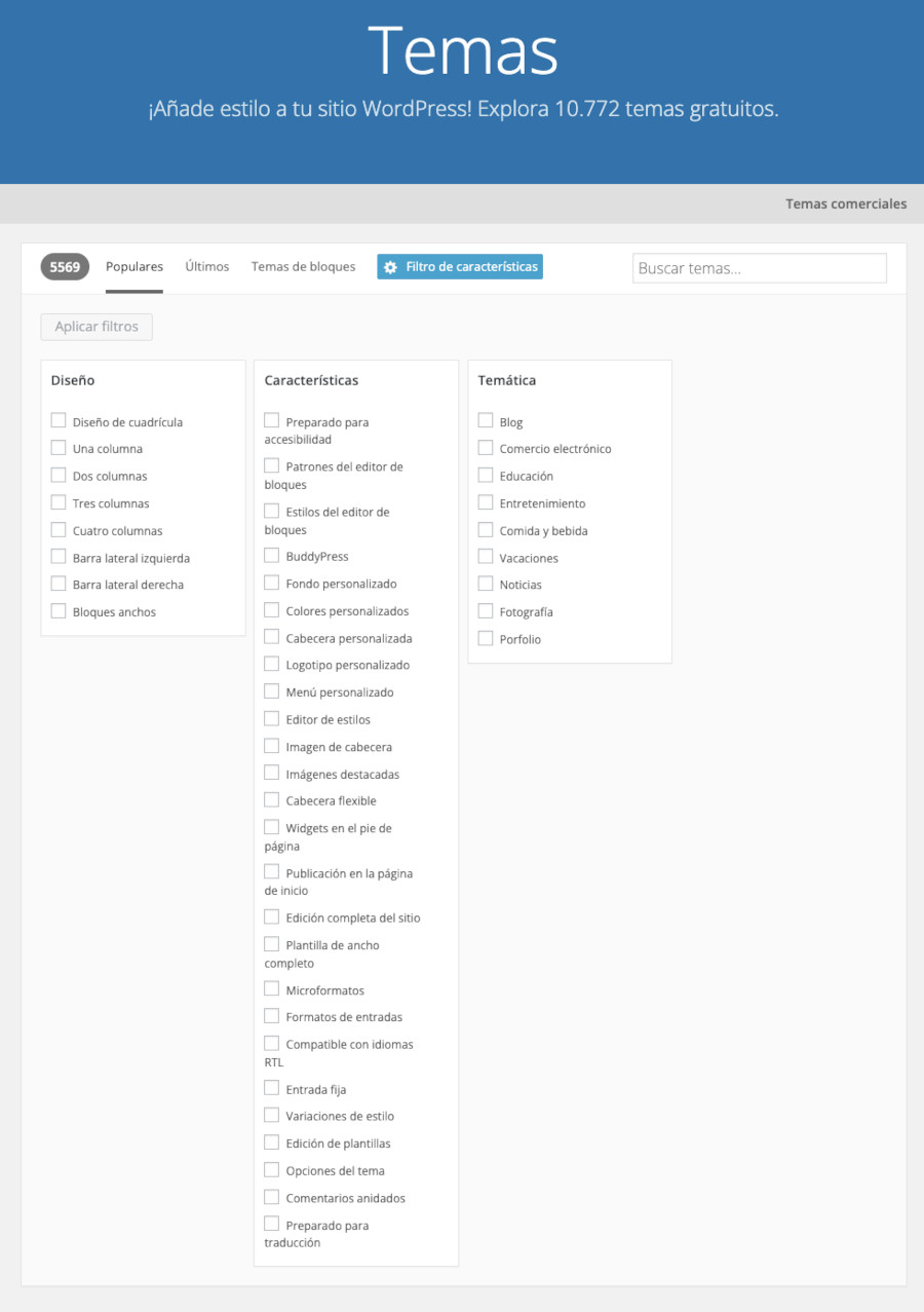 Filtro de búsqueda del directorio de Temas de WordPress