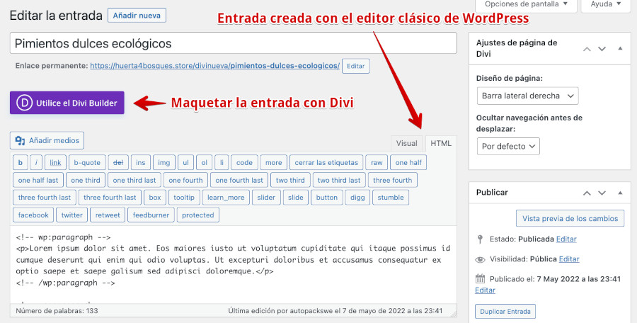 Utilizar el constructor visual para editar una entrada del blog o página