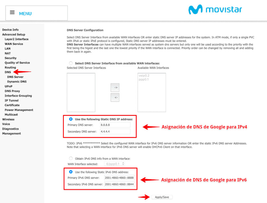 Asignación de DNS de Google en el Router