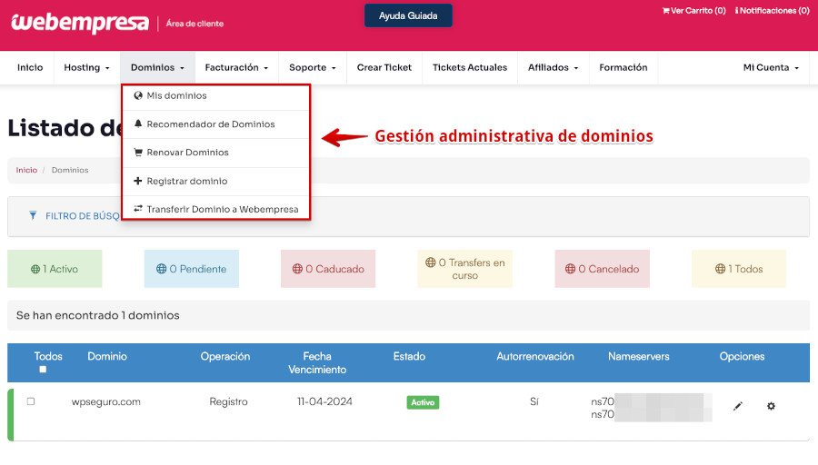 Dominios desde el Área de Clientes de Webempresa