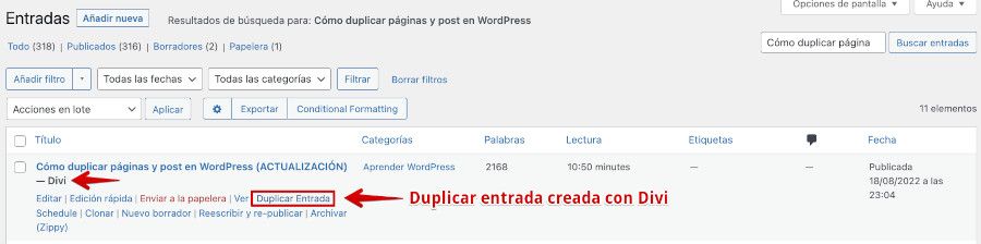 Duplicar entrada creada con Divi