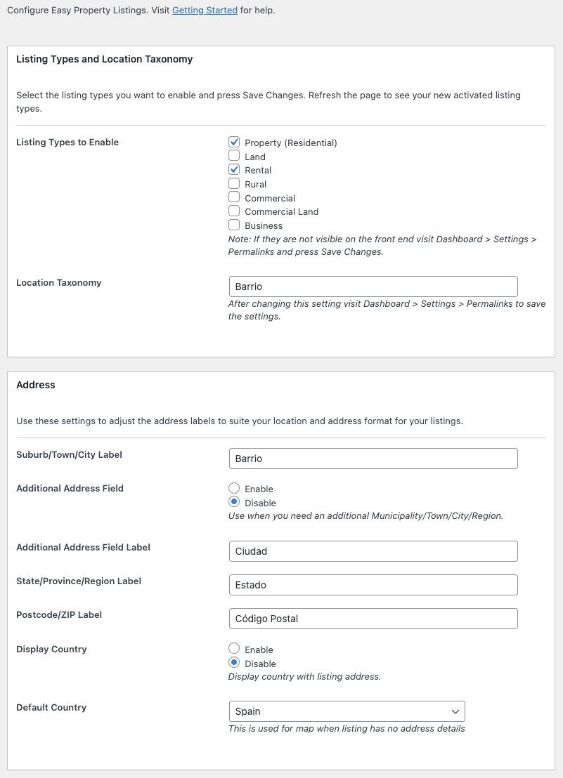 Configuraciones del plugin Easy Property Listings