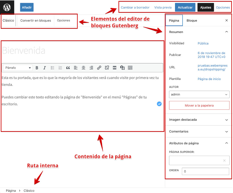 Edición completa de una página en WordPress con el editor de bloques Gutenberg