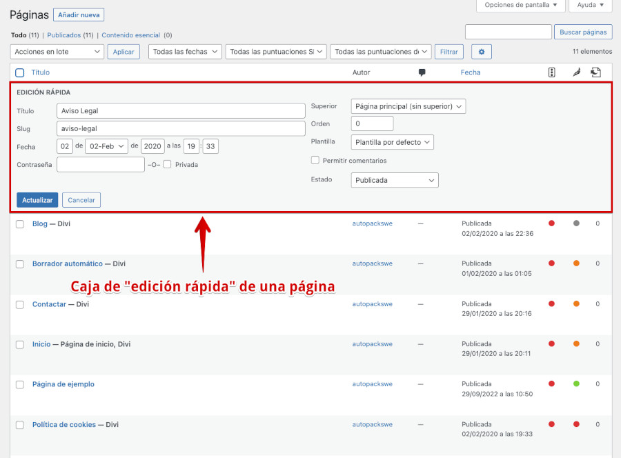 Edición rápida de una Página en WordPress
