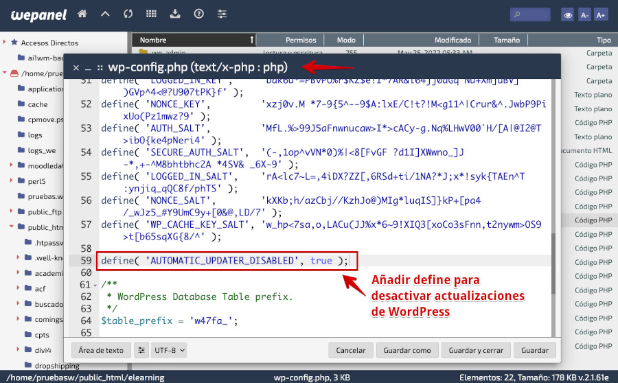 Editar el archivo wp-config.php y añadir define de no update