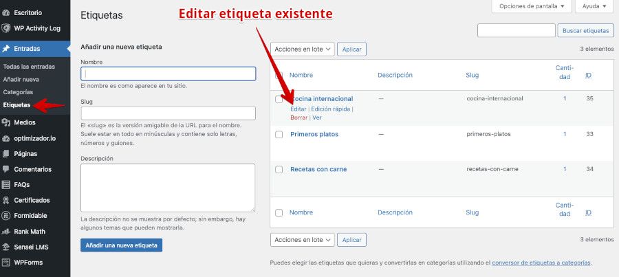 Editar etiquetas WordPress