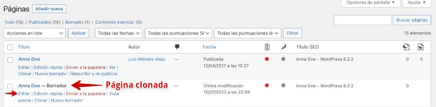 Editar página clonada en WordPress