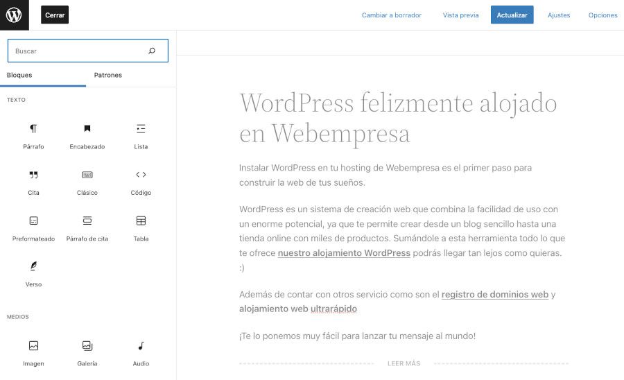 Vista de la edición de una Entrada con Gutenberg