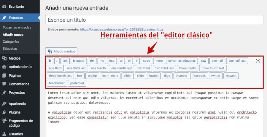 Vista de la barra de herramientas del editor clásico de WordPress