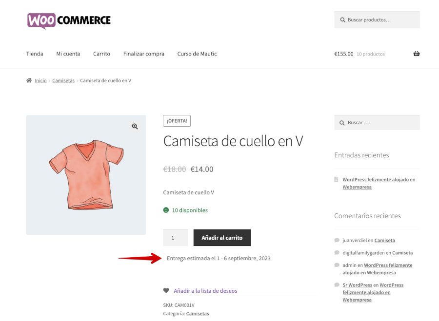 Ejemplo de fecha de entraga de un producto de la tienda