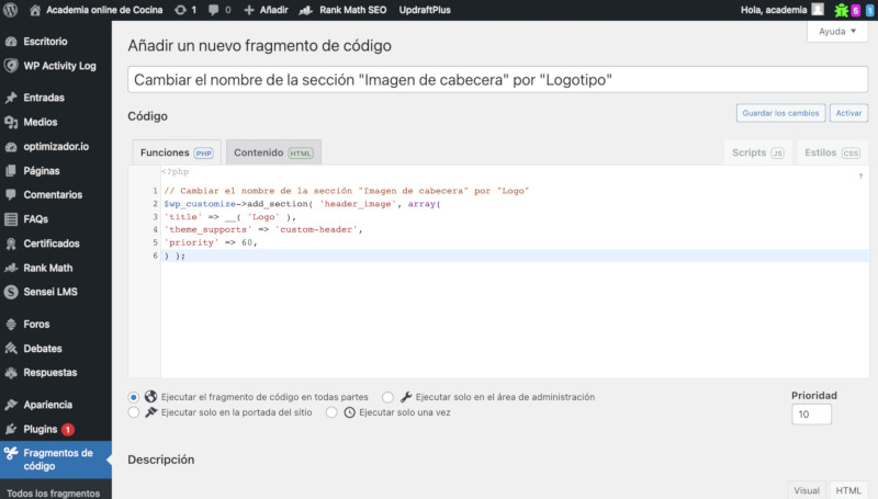 Fragmento de código en Code Snippets